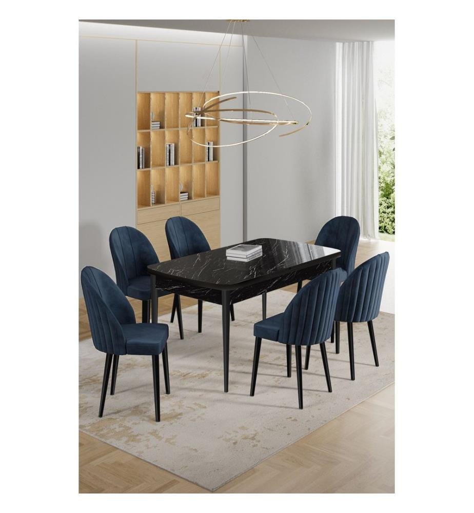 Ensemble table et chaises extensibles, 7 pièces, panneaux de particules mélaminés, marbre noir, anthracite