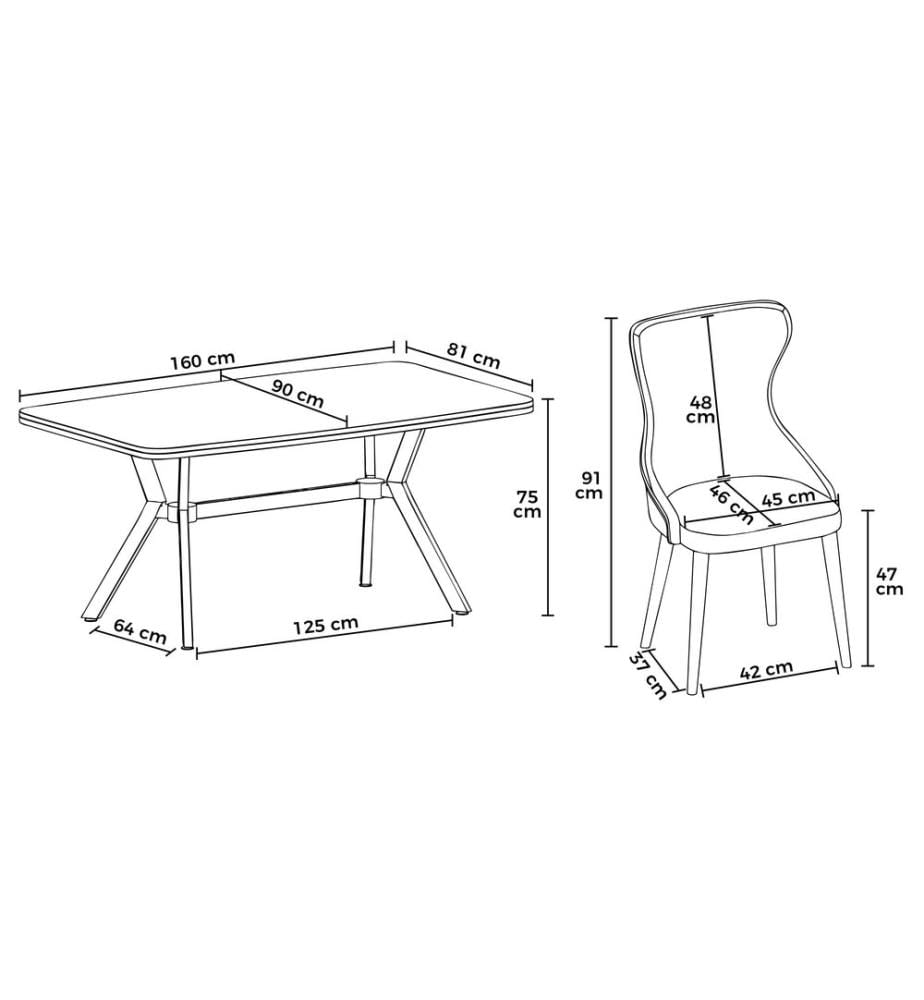Ausziehbarer Esstisch mit Stühlen, 7-teilig, 100 % lackierte Oberfläche, Eiche, Gold, Creme