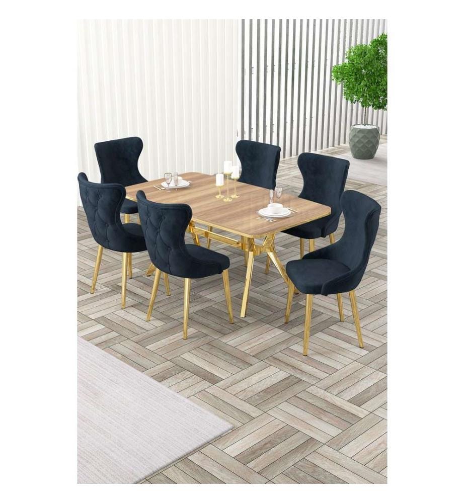 Ensemble table et chaises de salle à manger extensibles, 7 pièces, panneau 100 % laqué, chêne, doré, anthracite