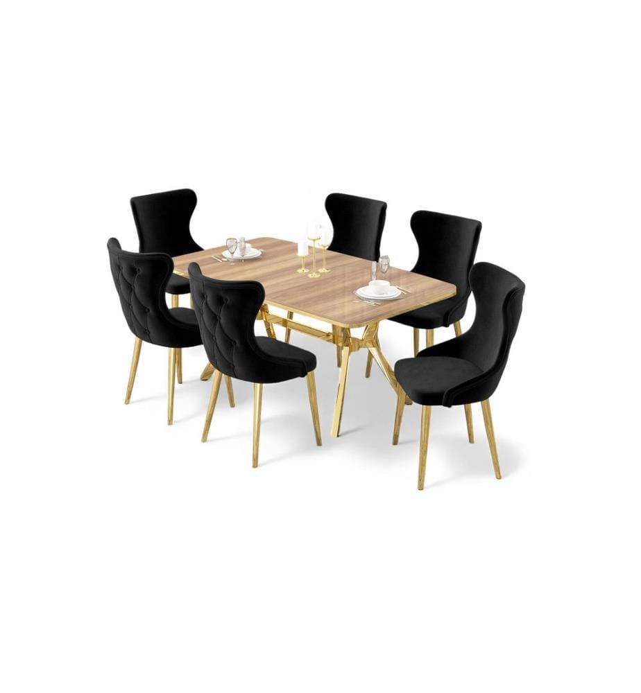 Ausziehbarer Esstisch mit Stühlen, 7-teilig, 100 % lackierte Oberfläche, Eiche, Gold, Schwarz