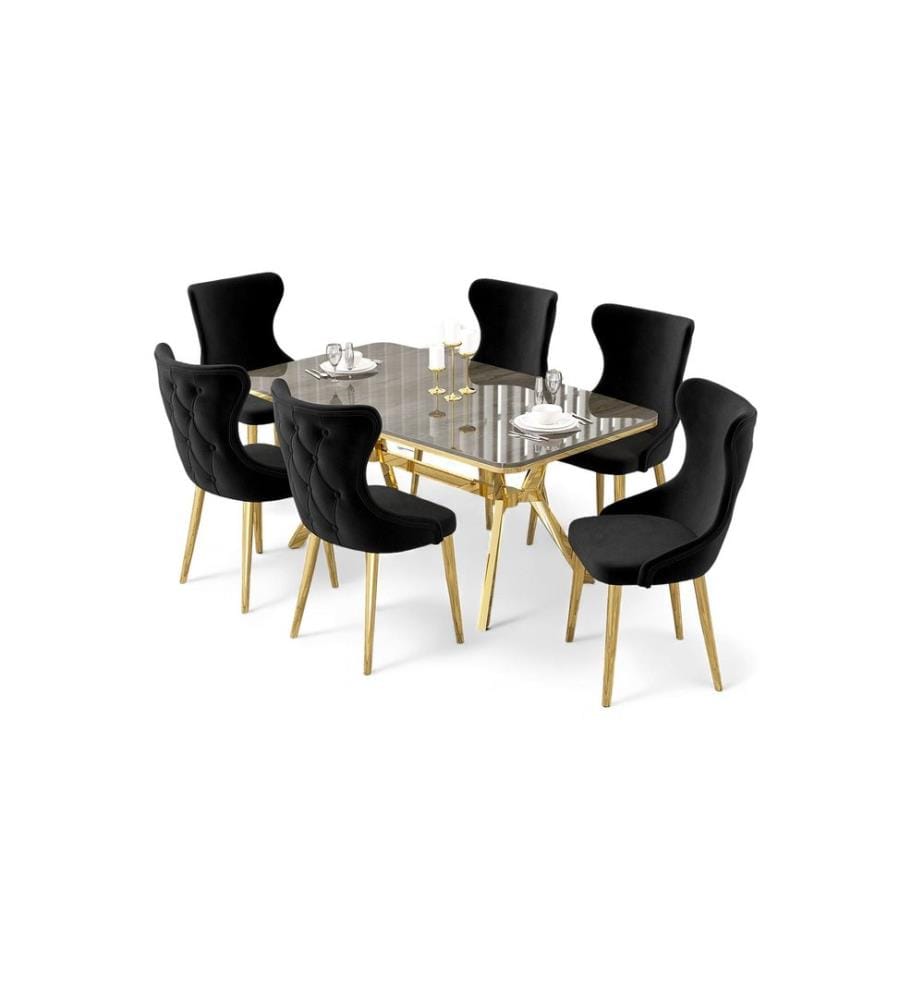 Ausziehbarer Esstisch mit Stühlen, 7-teilig, 100 % Lackplatte, Anthrazit, Gold, Schwarz