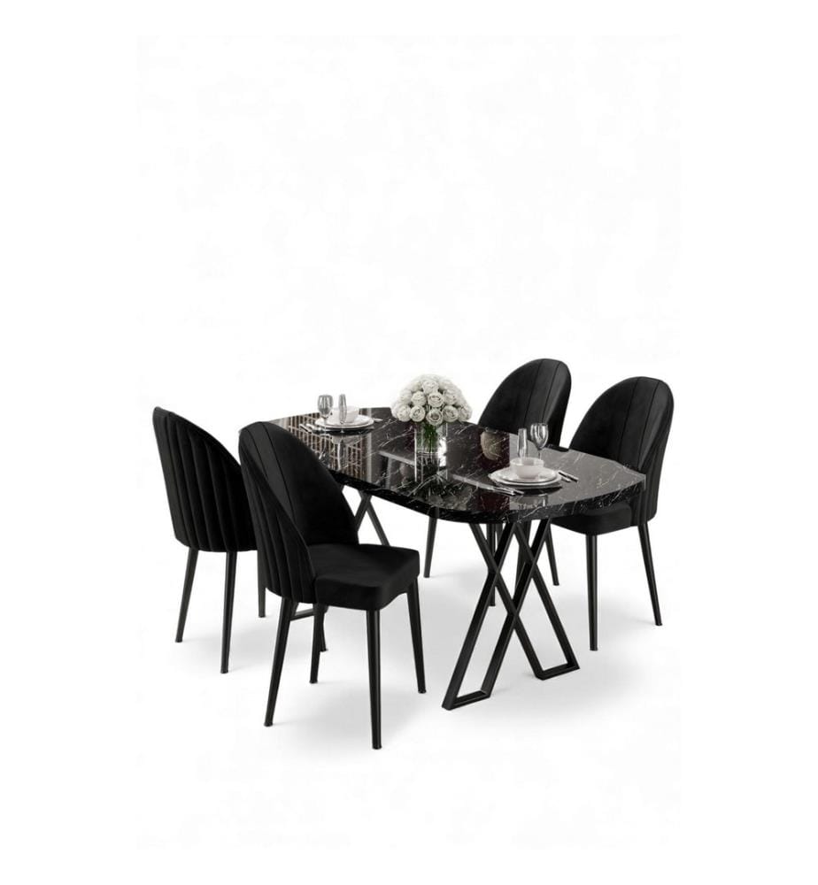 Essgruppe mit Tisch und Stühlen, 5-teilig, 100 % MDF, Schwarzer Marmor, Schwarz