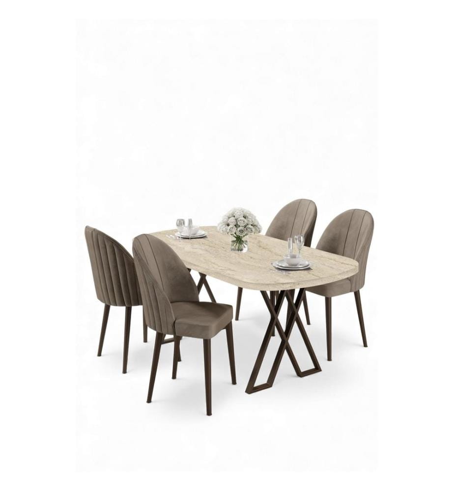 Essgruppe mit Tisch und Stühlen, 5-teilig, 100 % MDF, Travertin, Cappuccino