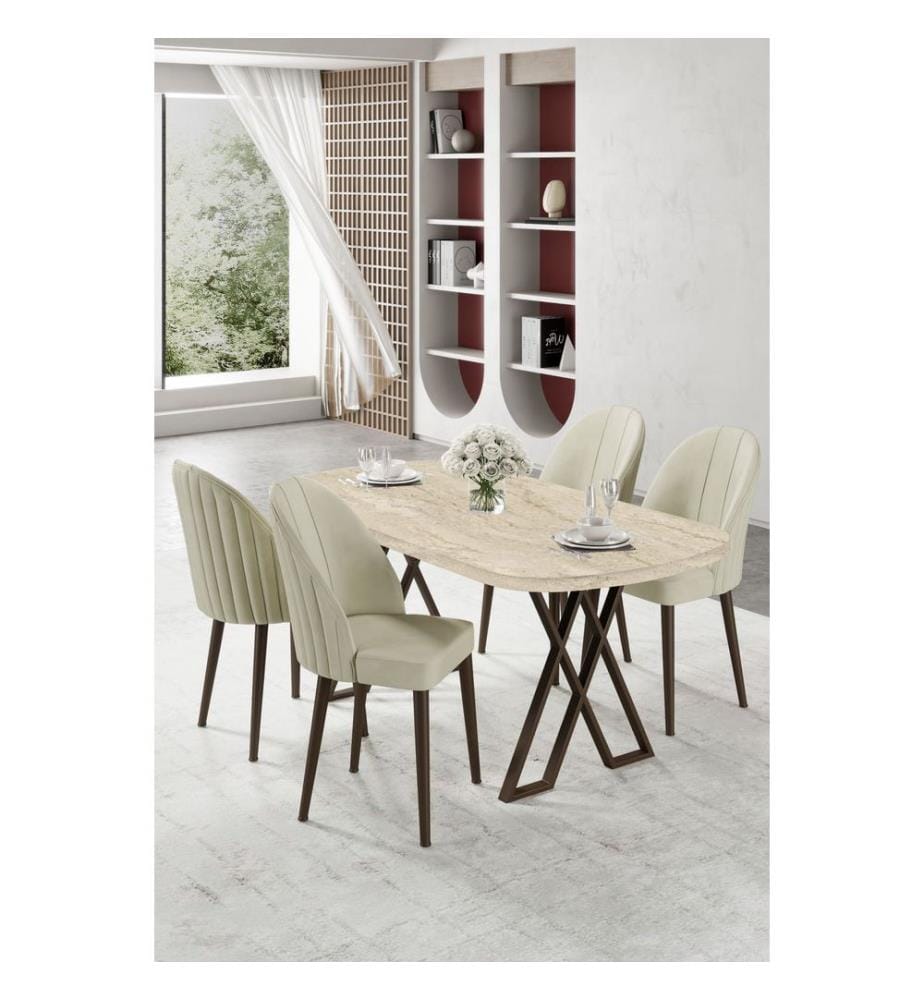 Ensemble table et chaises de salle à manger, 5 pièces, 100 % MDF, travertin, crème