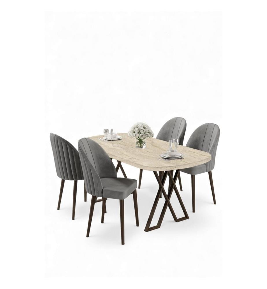 Ensemble table et chaises de salle à manger, 5 pièces, 100 % MDF, travertin, gris