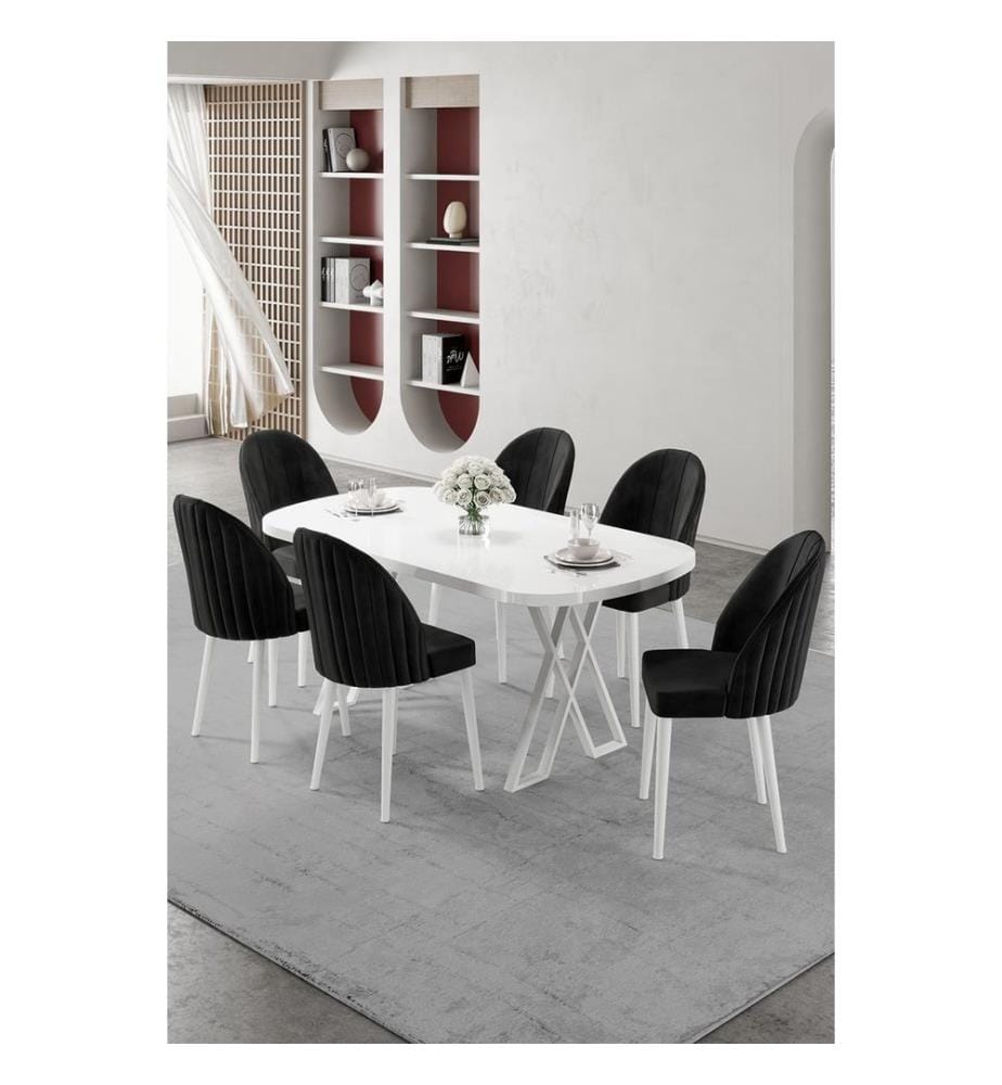 Ensemble table et chaises de salle à manger, 7 pièces, 100 % MDF, blanc et noir