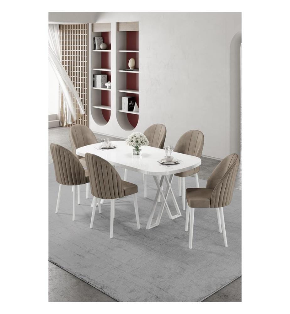 Ensemble table et chaises de salle à manger, 7 pièces, 100 % MDF, blanc, cappuccino