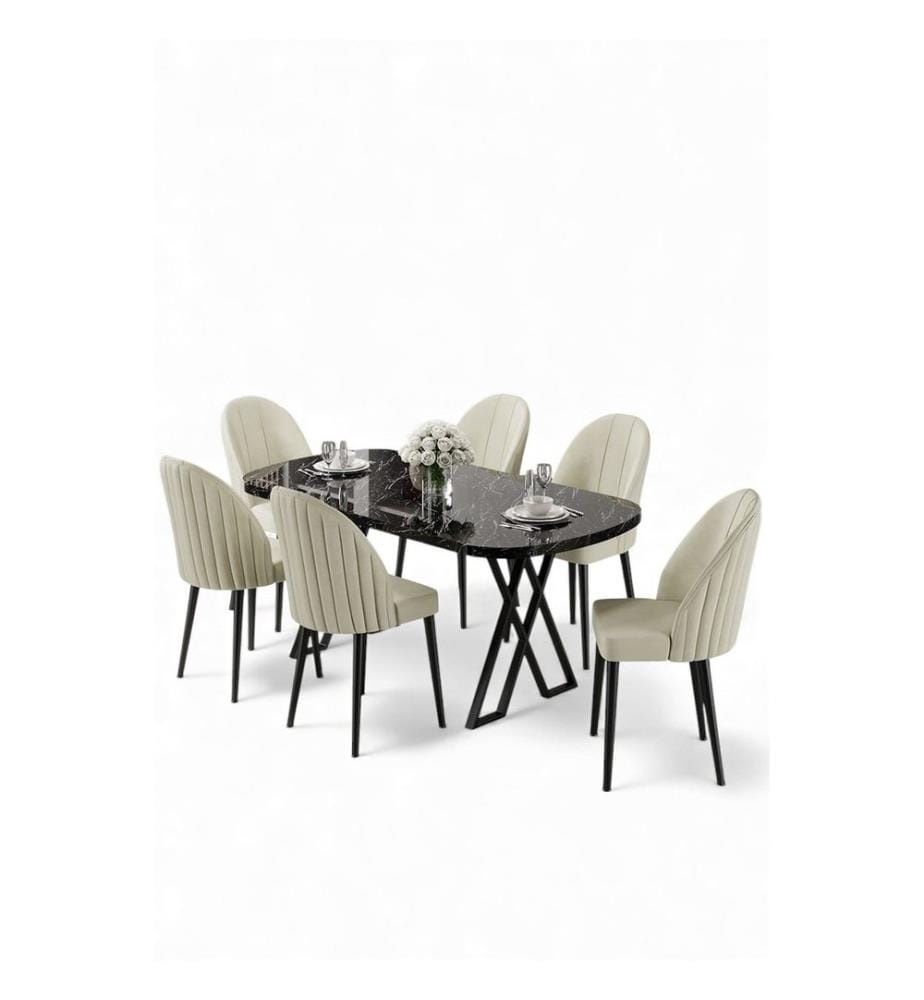 Ensemble table et chaises de salle à manger, 7 pièces, 100 % MDF, marbre noir, crème