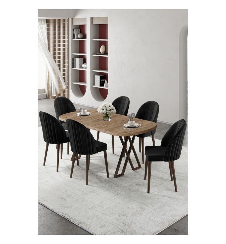 Essgruppe mit Tisch und Stühlen, 7-teilig, 100 % MDF, Kiefernholz, Schwarz