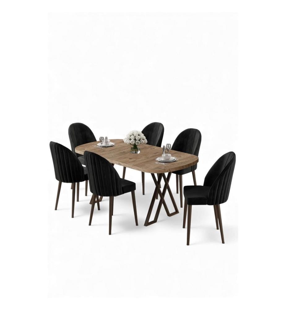 Essgruppe mit Tisch und Stühlen, 7-teilig, 100 % MDF, Kiefernholz, Schwarz