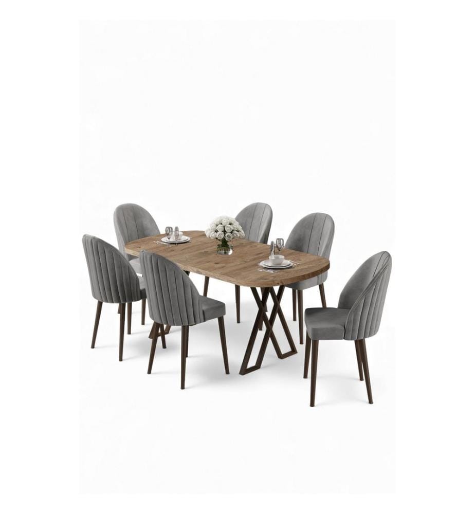 Ensemble table et chaises de salle à manger, 7 pièces, 100 % MDF, pin de l'Atlantique, gris