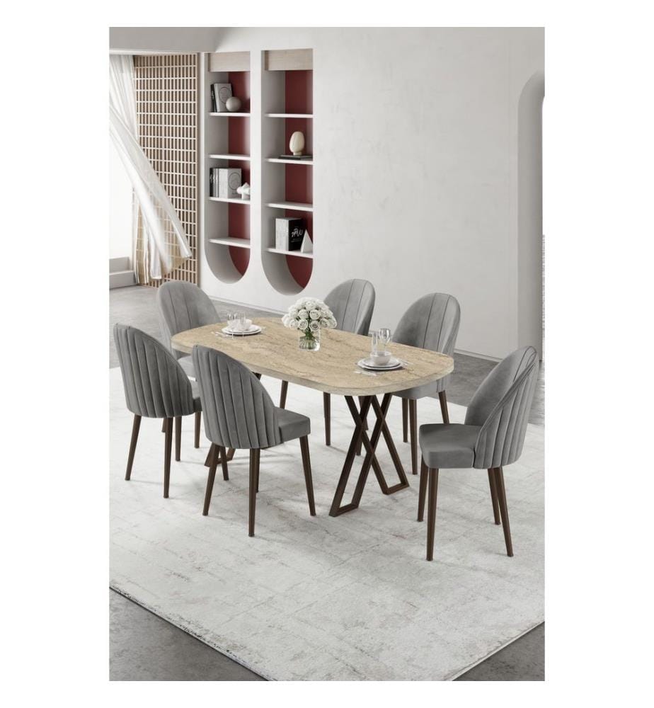 Ensemble table et chaises de salle à manger, 7 pièces, 100 % MDF, travertin, gris