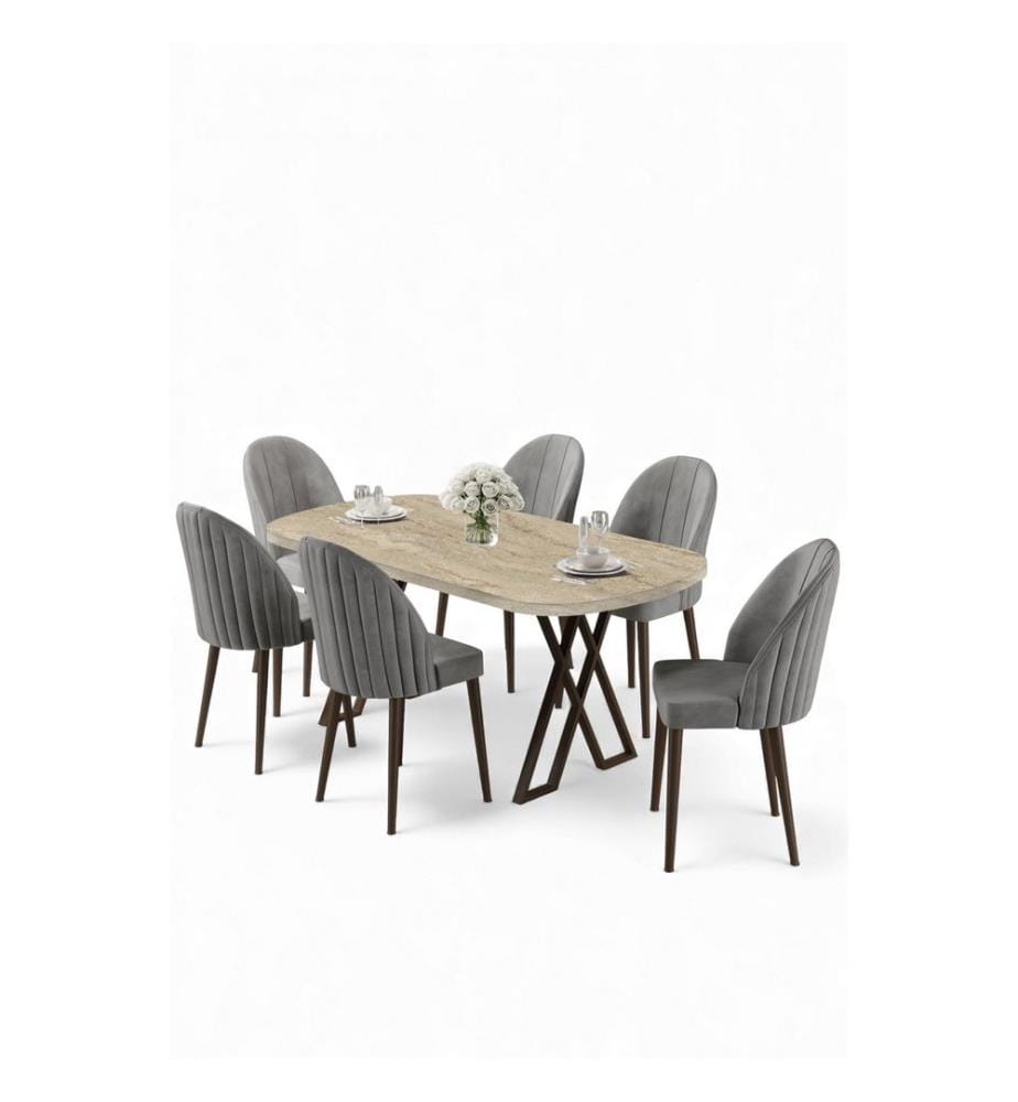 Ensemble table et chaises de salle à manger, 7 pièces, 100 % MDF, travertin, gris