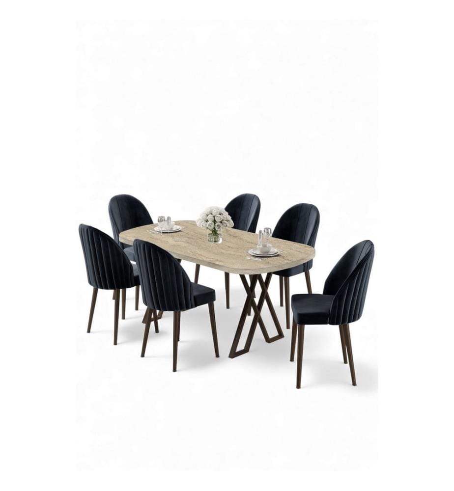 Ensemble table et chaises de salle à manger, 7 pièces, 100 % MDF, travertin, anthracite