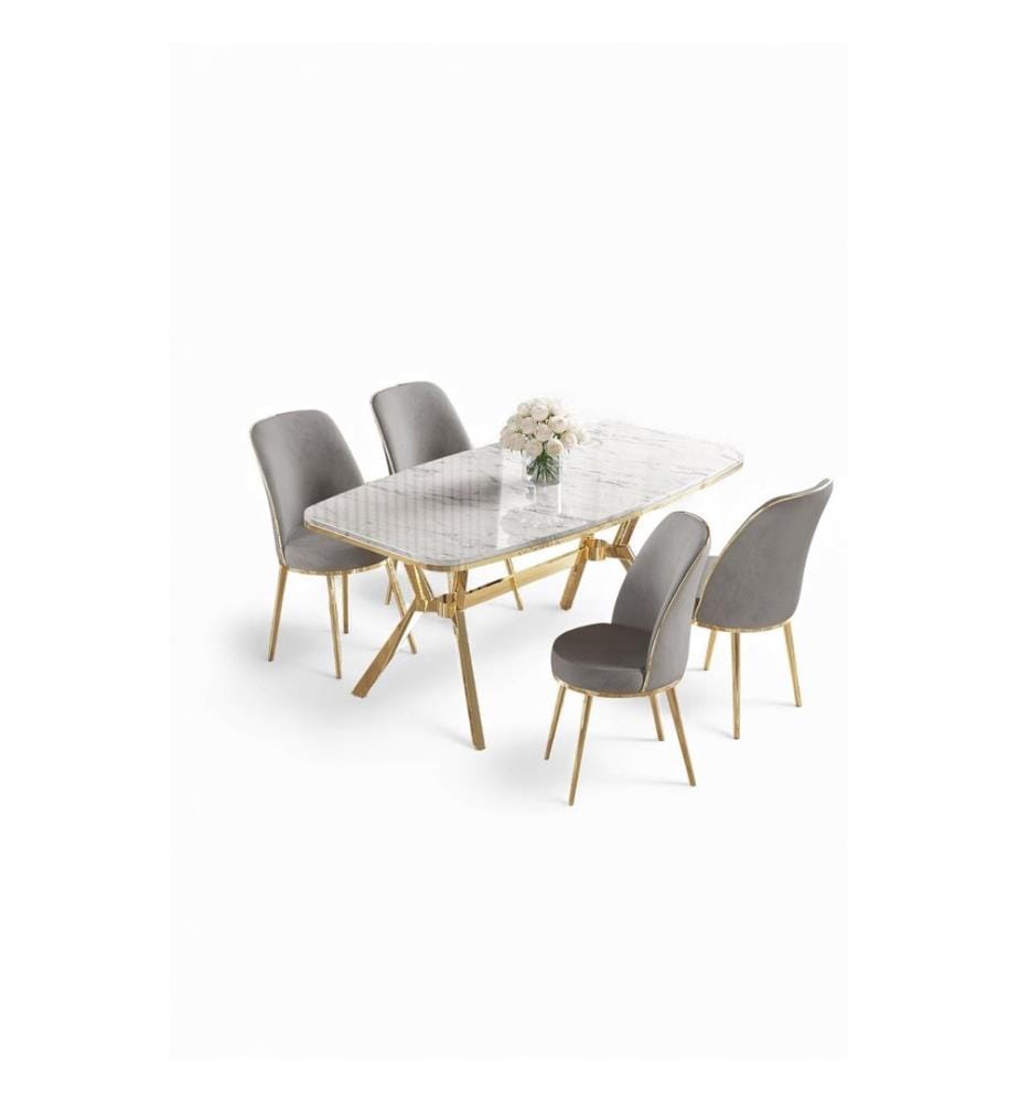 Essgruppe mit Tisch und Stühlen, 5-teilig, 100 % lackierte Paneele, weisser Marmor, Gold, Grau