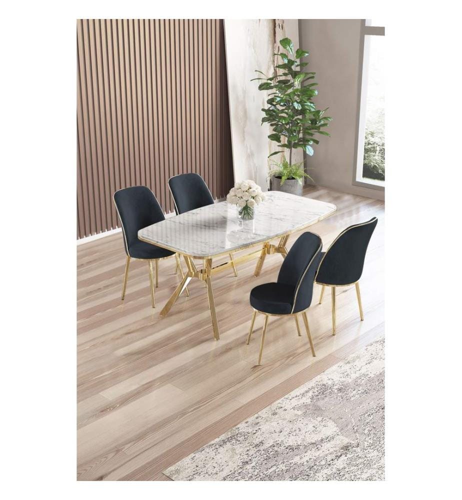 Ensemble table et chaises de salle à manger, 5 pièces, panneau 100 % laqué, marbre blanc, or, anthracite