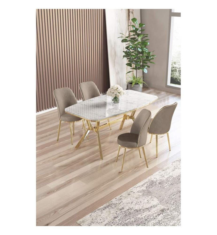Essgruppe mit Tisch und Stühlen, 5-teilig, 100 % lackierte Paneele, weisser Marmor, Gold, Cappuccino