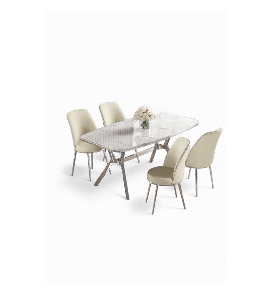 Ensemble table et chaises de salle à manger, 5 pièces, panneau 100 % laqué, marbre blanc, chrome, crème