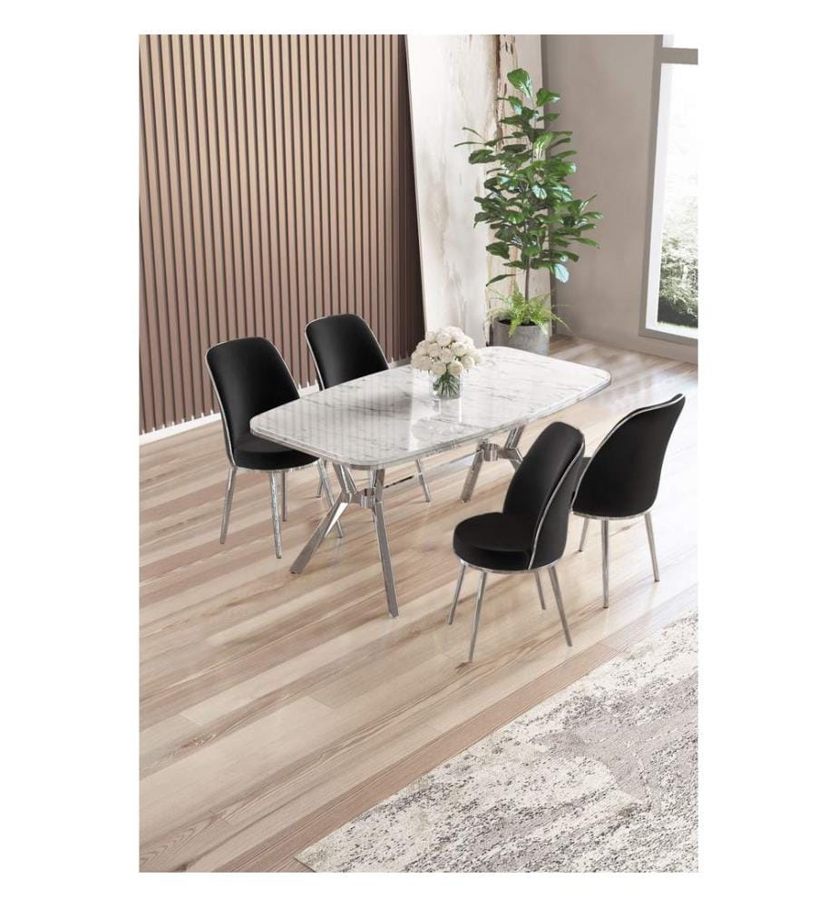 Ensemble table et chaises de salle à manger, 5 pièces, panneau 100 % laqué, BEYAZ MERMER KROM, SIYAH