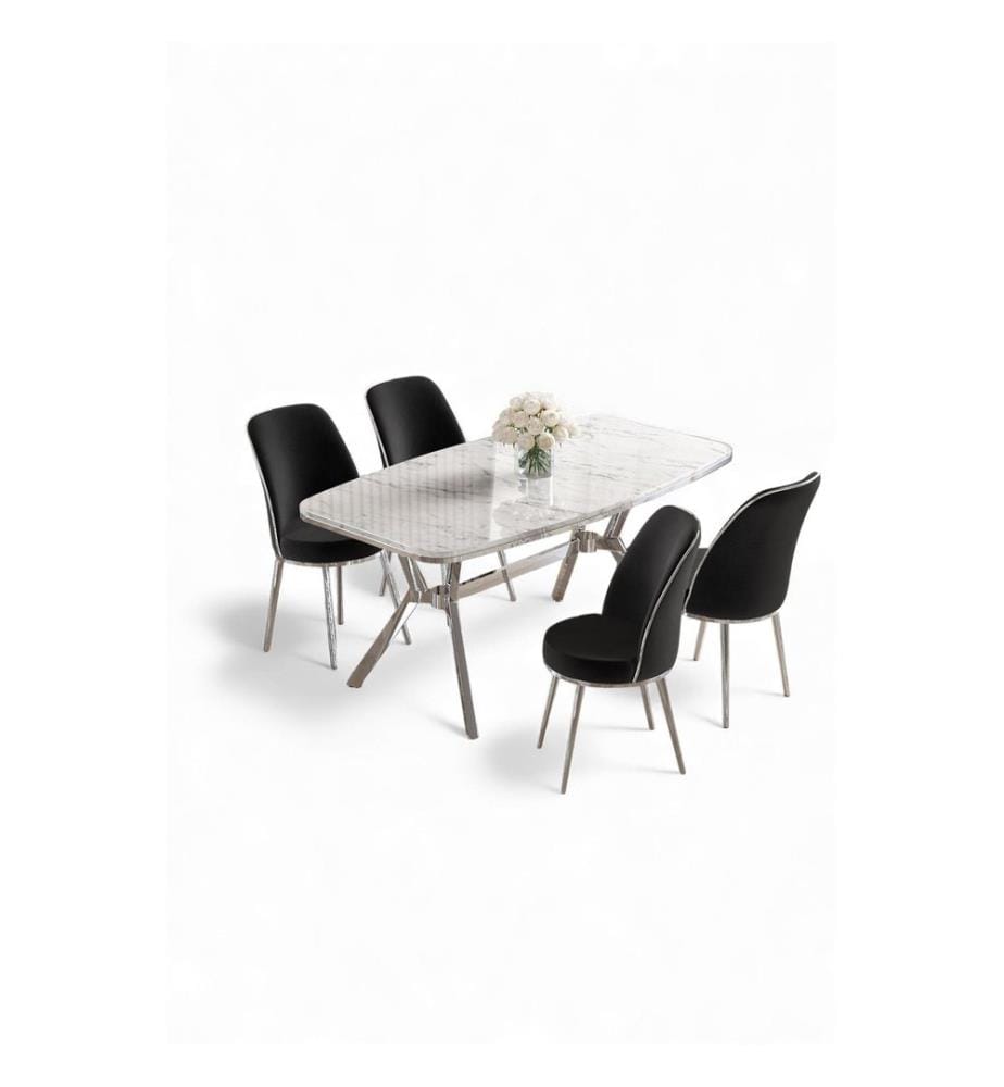 Ensemble table et chaises de salle à manger, 5 pièces, panneau 100 % laqué, BEYAZ MERMER KROM, SIYAH
