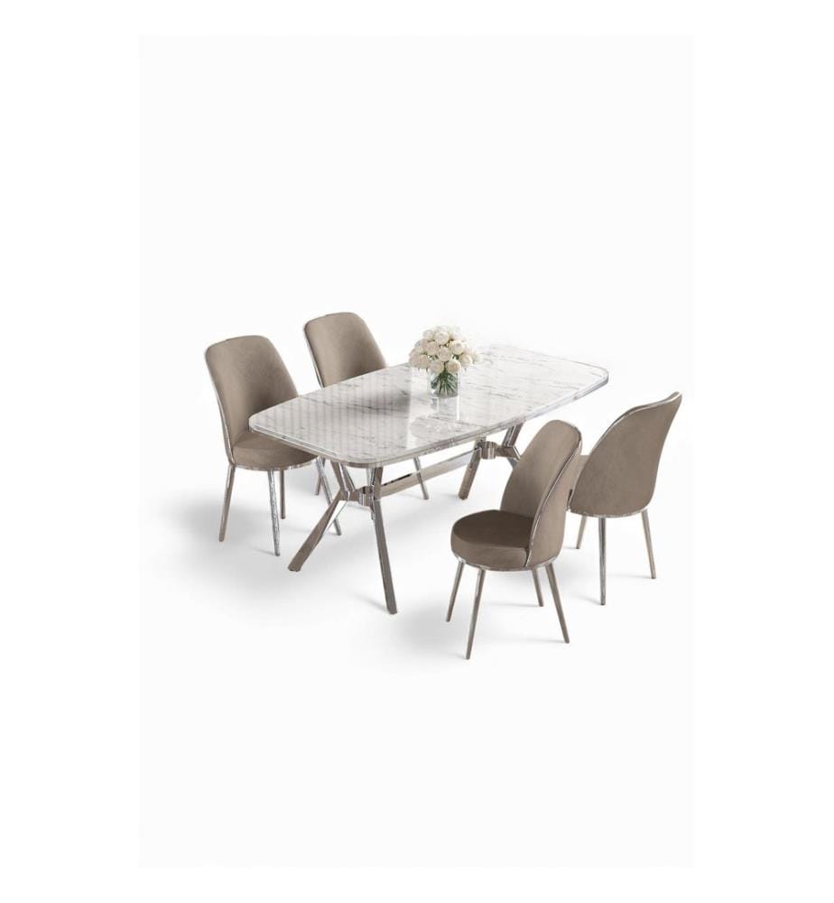 Essgruppe mit Tisch und Stühlen, 5-teilig, 100 % lackierte Paneele, weisser Marmor, Chrom, Cappuccino