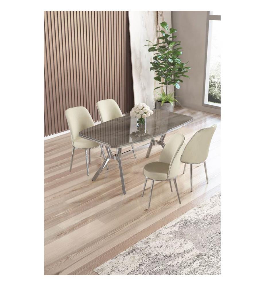 Ensemble table et chaises de salle à manger, 5 pièces, panneau 100 % laqué, anthracite, chrome, crème