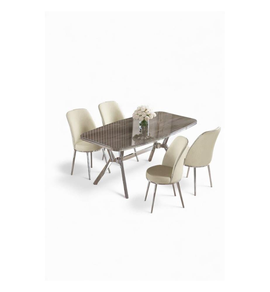 Ensemble table et chaises de salle à manger, 5 pièces, panneau 100 % laqué, anthracite, chrome, crème
