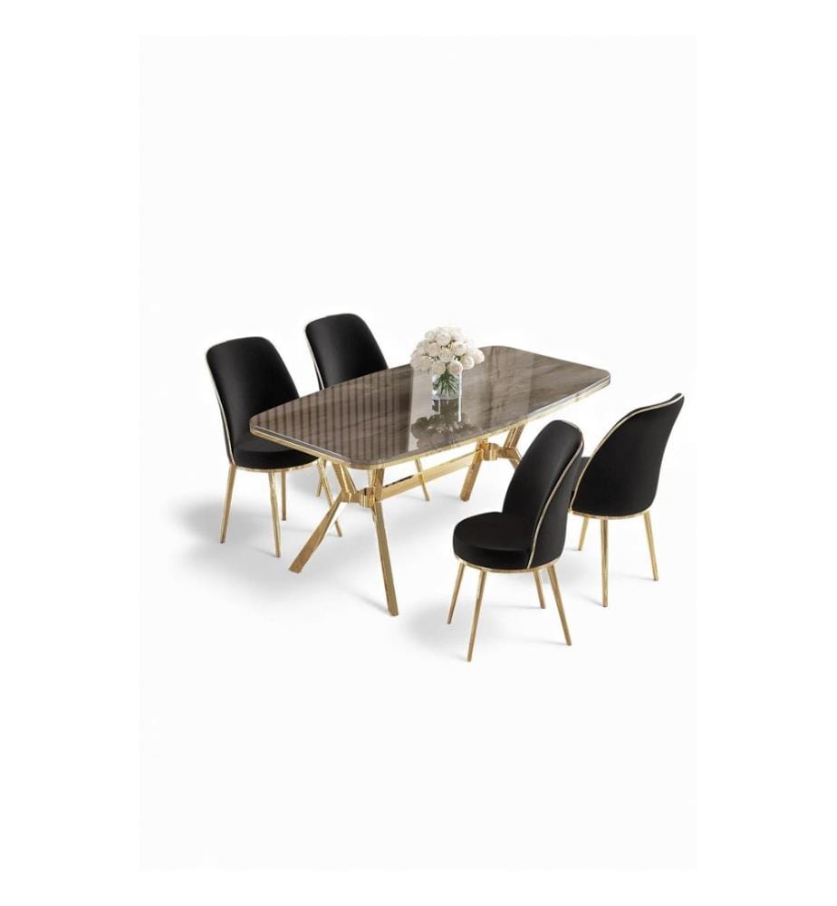 Essgruppe mit Tisch und Stühlen, 5-teilig, 100 % lackierte Paneele, Anthrazit, Gold, Schwarz