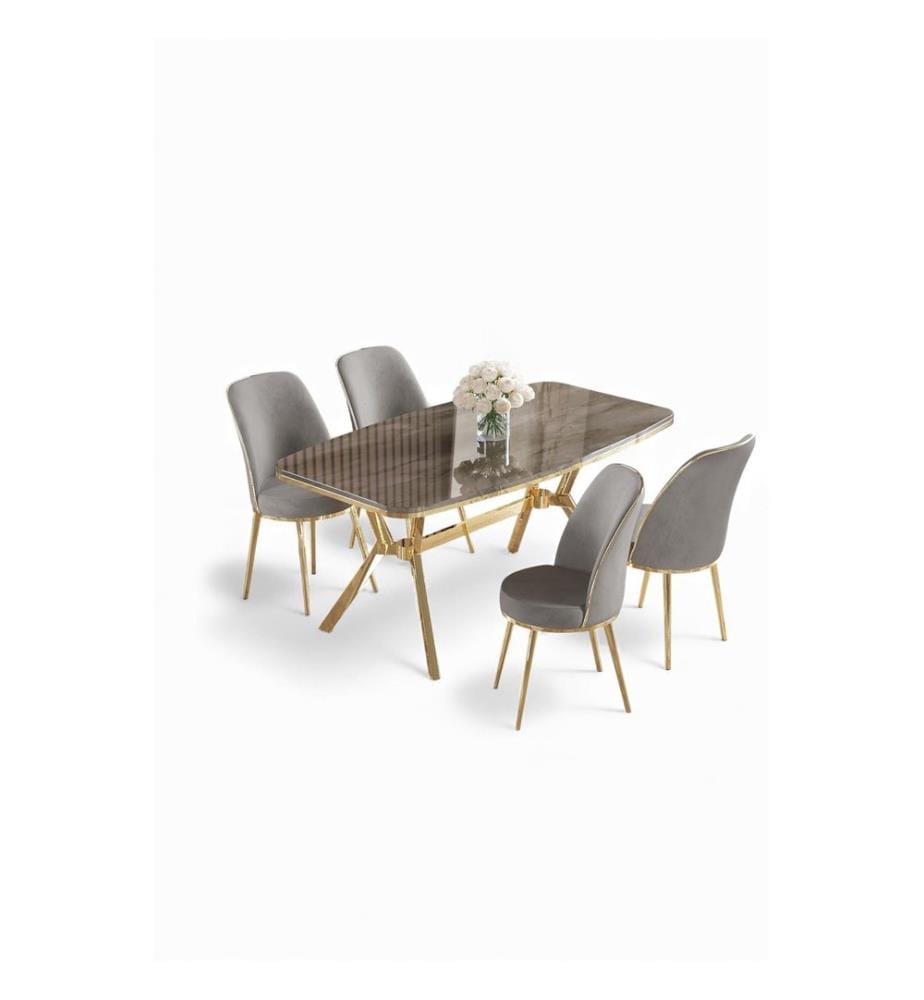 Ensemble table et chaises de salle à manger, 5 pièces, panneau 100 % laqué, anthracite, or, gris