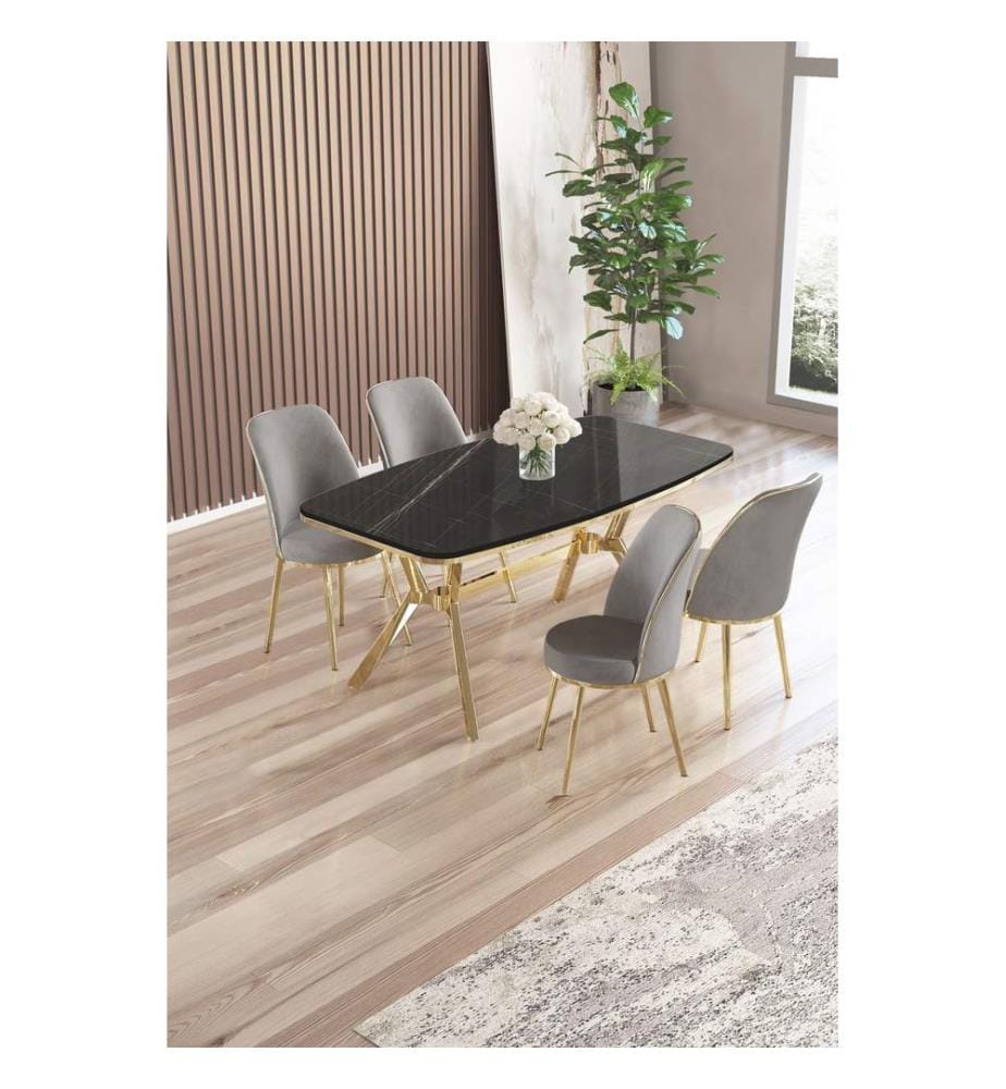 Ensemble table et chaises de salle à manger, 5 pièces, panneau 100 % laqué, marbre noir, or, gris