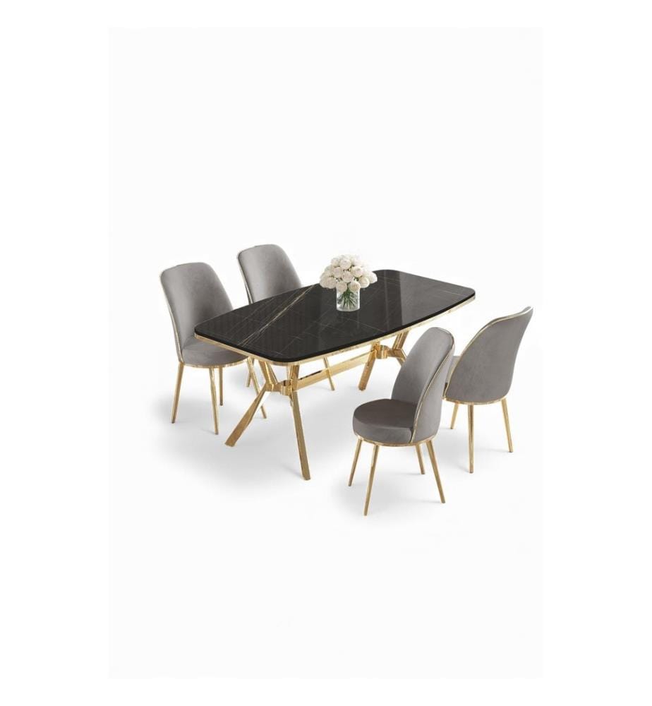 Ensemble table et chaises de salle à manger, 5 pièces, panneau 100 % laqué, marbre noir, or, gris