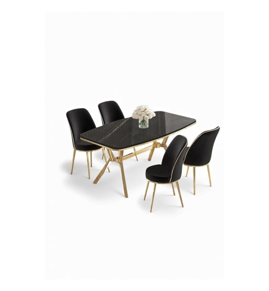 Ensemble table et chaises de salle à manger, 5 pièces, panneau 100 % laqué, marbre noir, or, noir