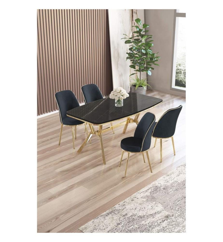 Ensemble table et chaises de salle à manger, 5 pièces, panneau 100 % laqué, marbre noir, or, anthracite