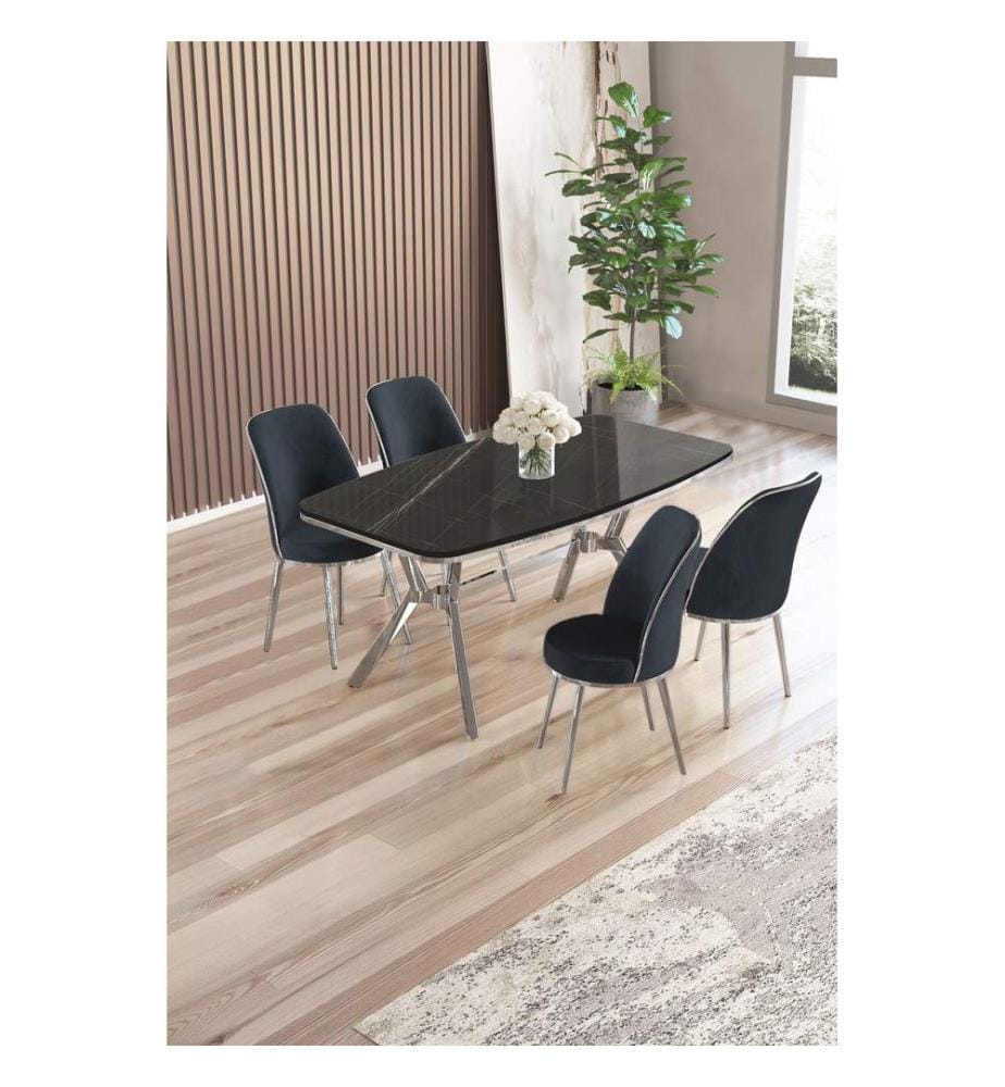 Essgruppe mit Tisch und Stühlen, 5-teilig, 100 % lackierte Paneele, schwarzer Marmor, Chrom, Anthrazit