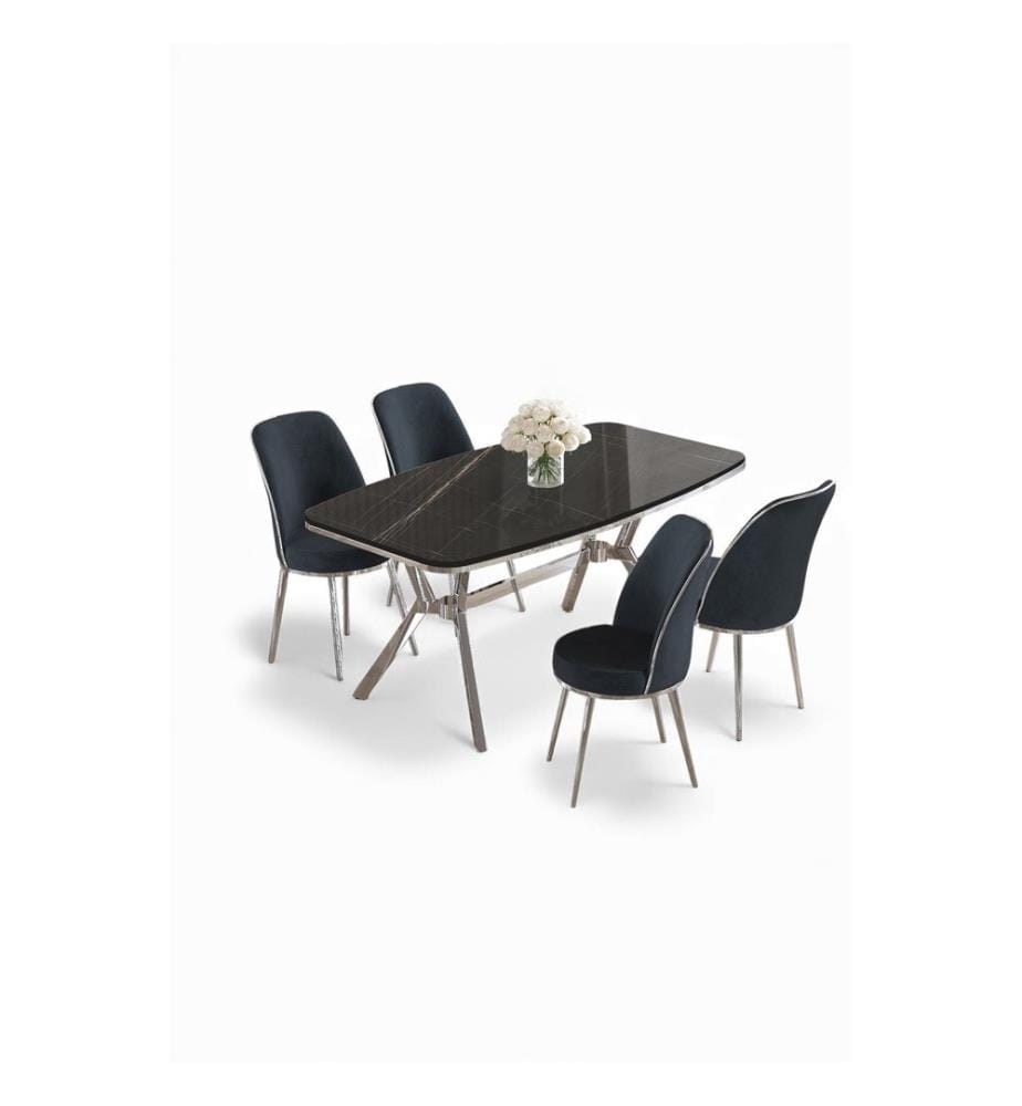 Essgruppe mit Tisch und Stühlen, 5-teilig, 100 % lackierte Paneele, schwarzer Marmor, Chrom, Anthrazit