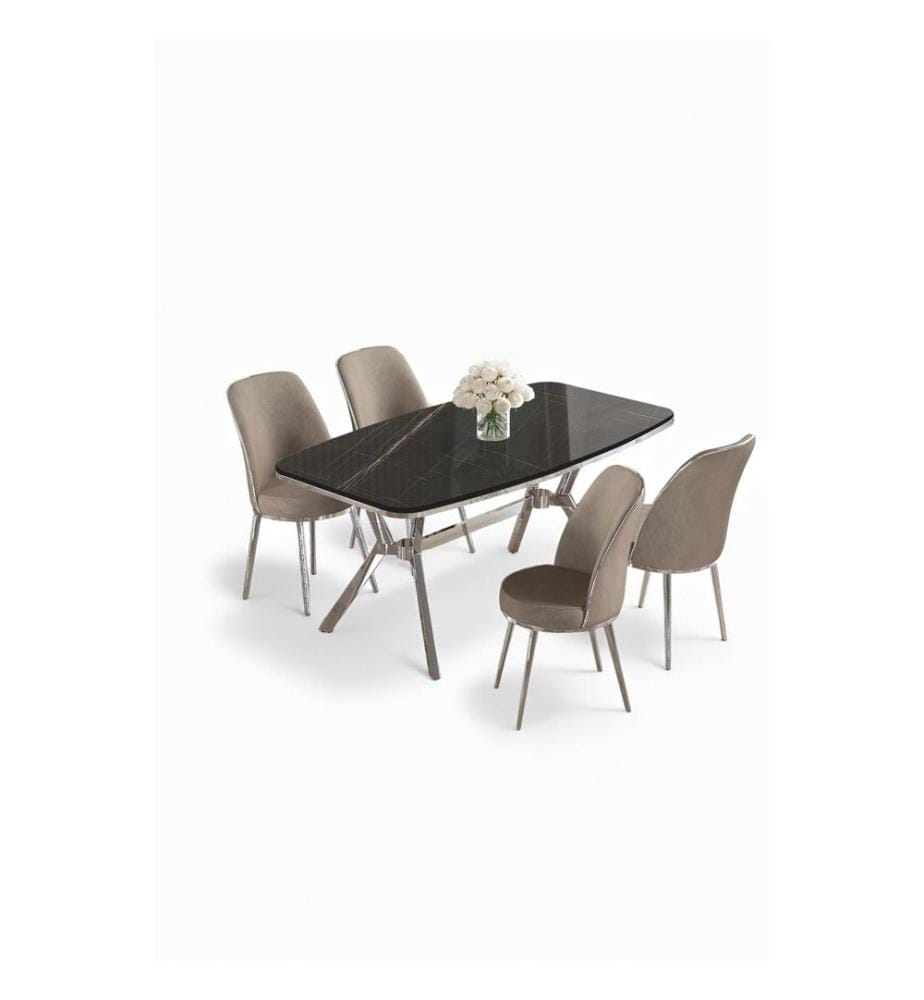 Essgruppe mit Tisch und Stühlen, 5-teilig, 100 % lackierte Paneele, schwarzer Marmor, Chrom, Cappuccino