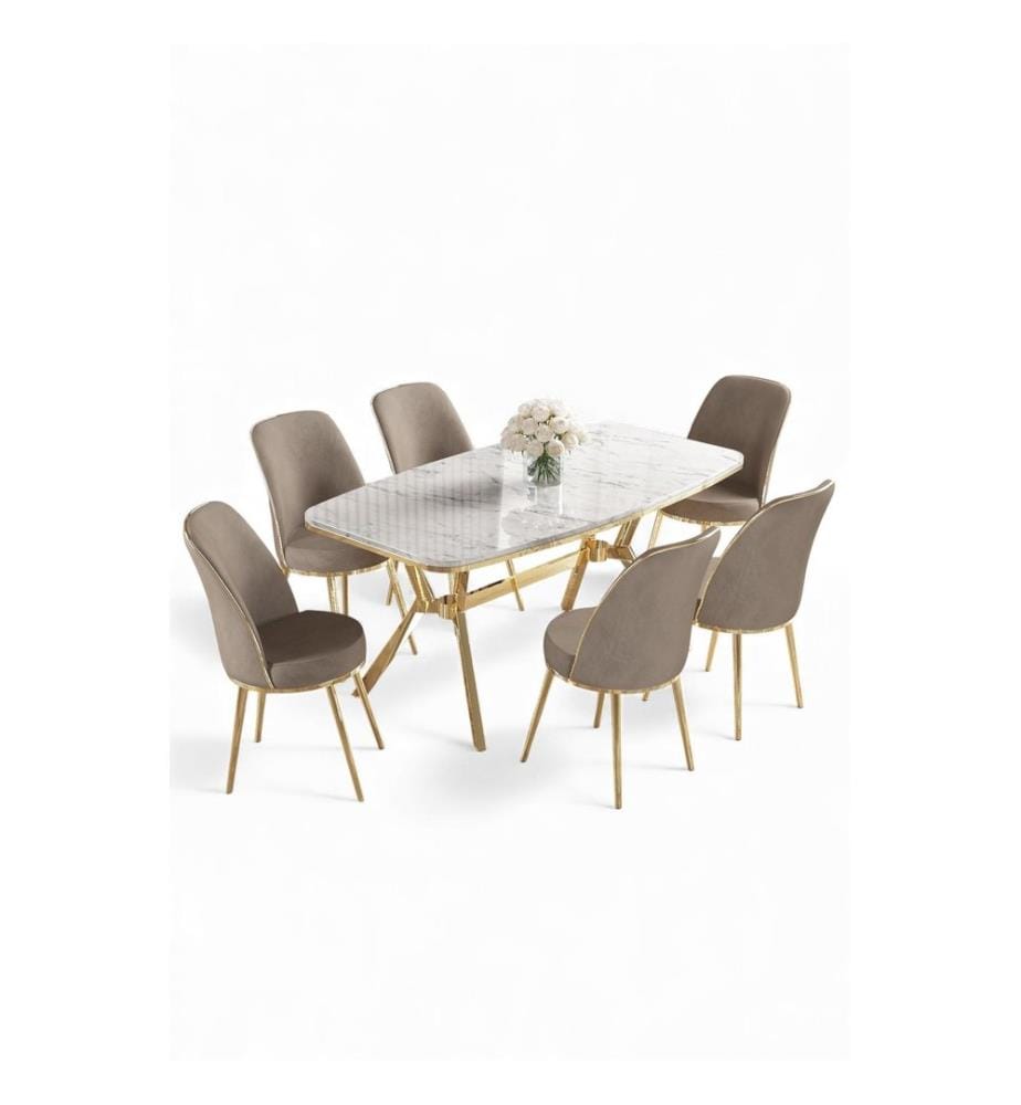 Ensemble table et chaises de salle à manger, 7 pièces, panneau 100 % laqué, marbre blanc, or, cappuccino