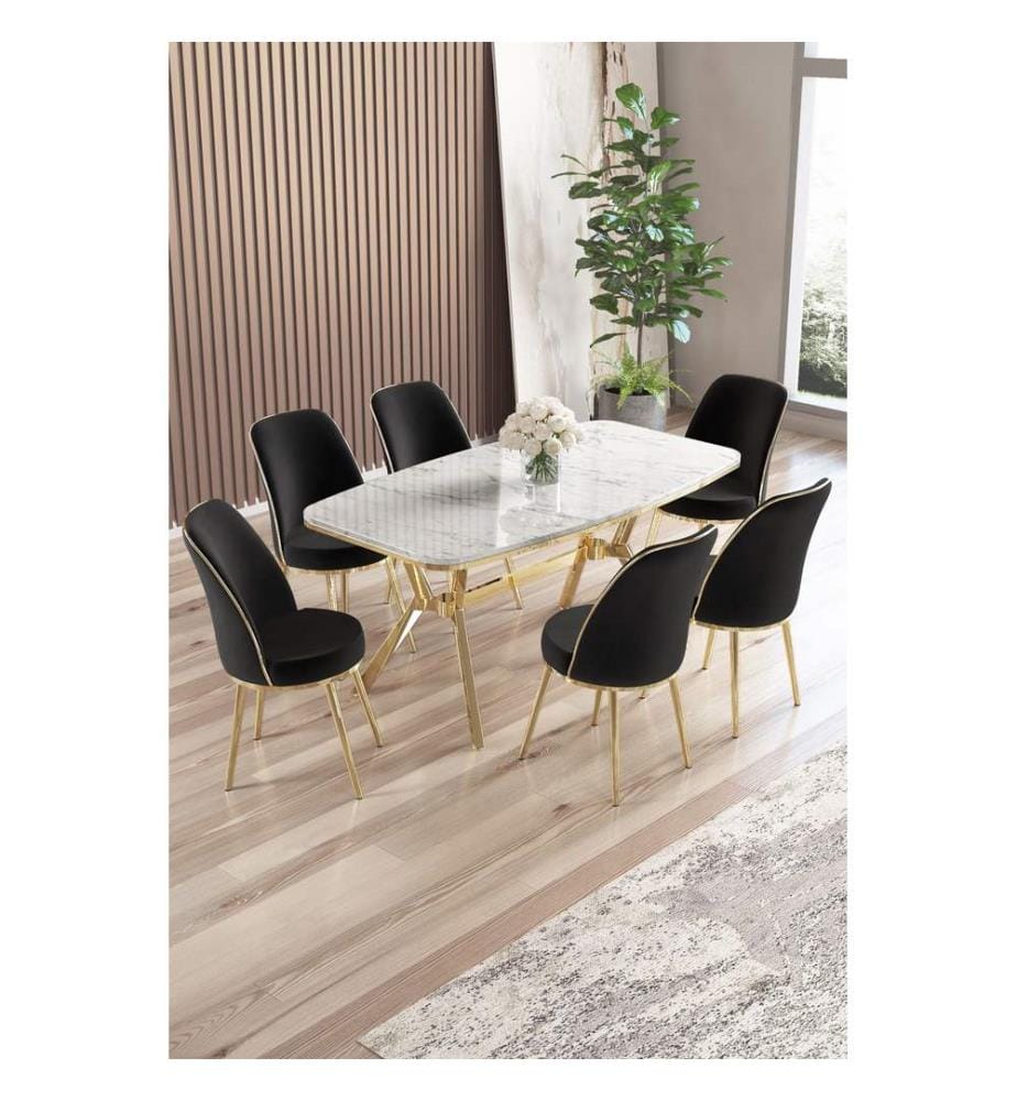 Ensemble table et chaises de salle à manger, 7 pièces, panneau 100 % laqué, marbre blanc, or, noir