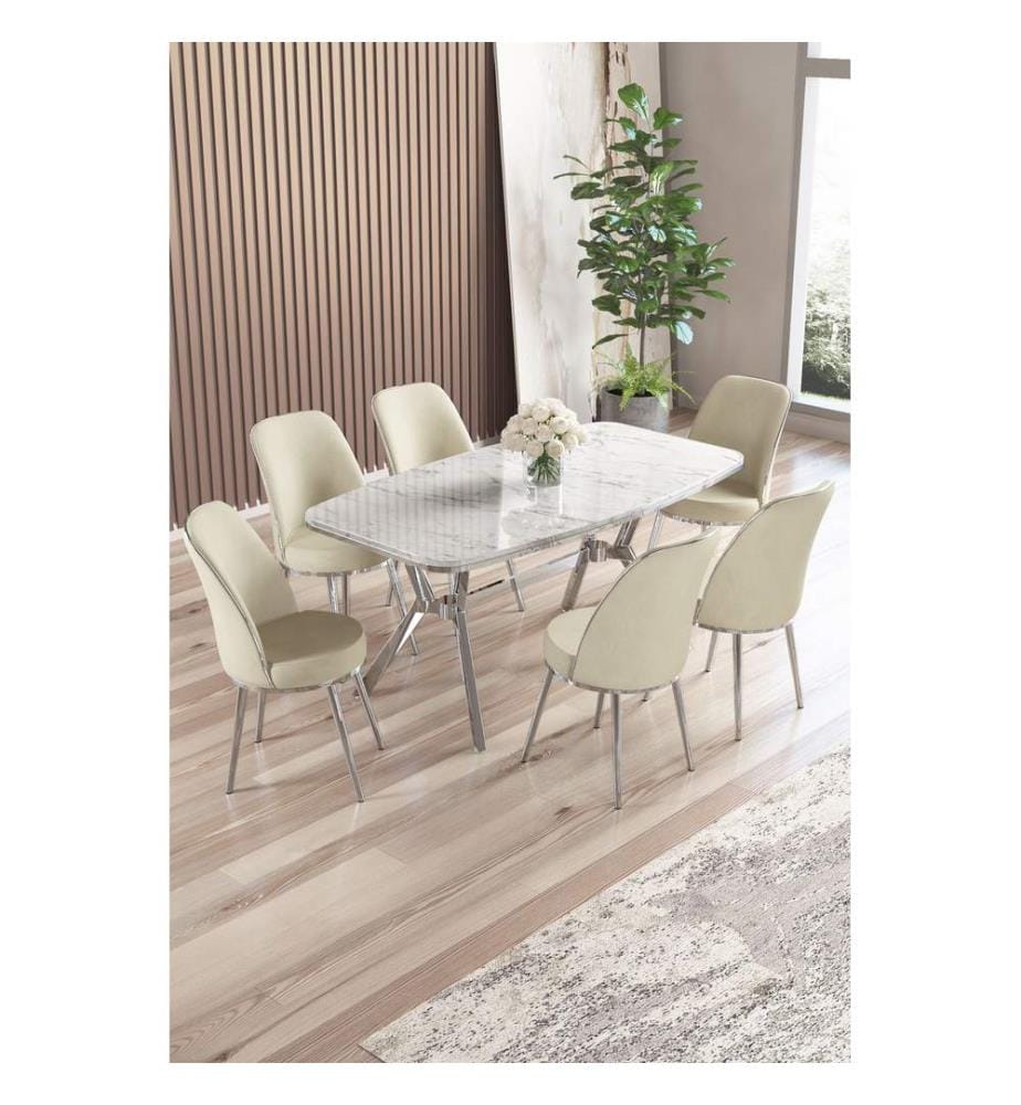 Essgruppe mit Tisch und Stühlen, 7-teilig, 100 % lackierte Paneele, weisser Marmor, Chrom, Creme