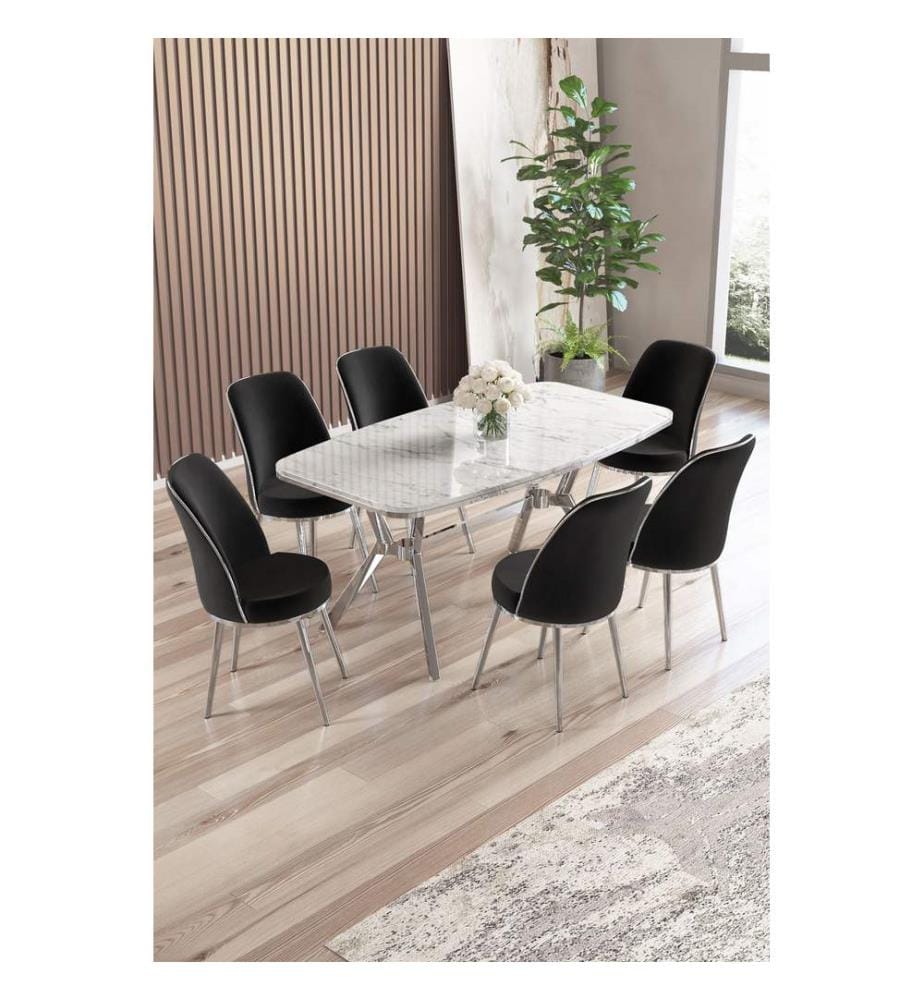 Essgruppe mit Tisch und Stühlen, 7-teilig, 100 % Lackplatte, BEYAZ MERMER KROM, SIYAH