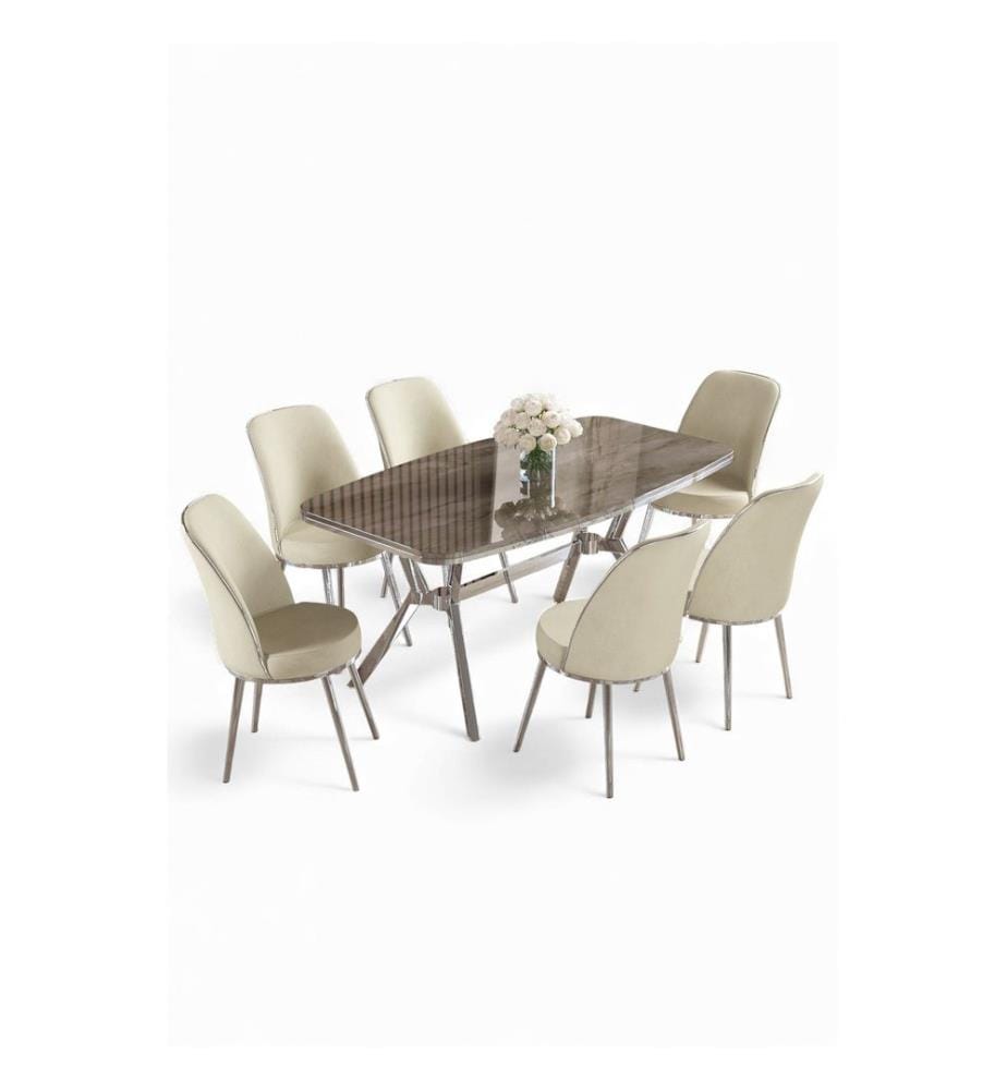 Ensemble table et chaises de salle à manger, 7 pièces, panneau 100 % laqué, anthracite, chrome, crème