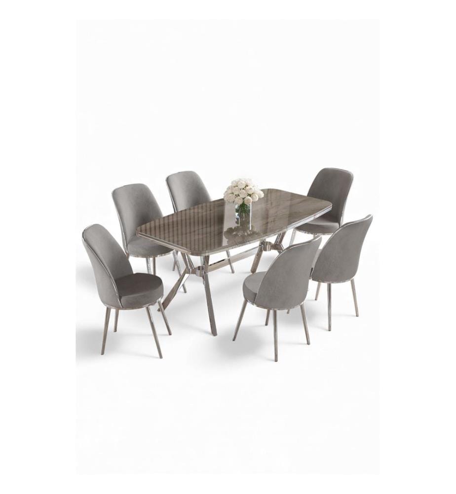 Ensemble table et chaises de salle à manger, 7 pièces, panneau 100 % laqué, anthracite, chrome, gris