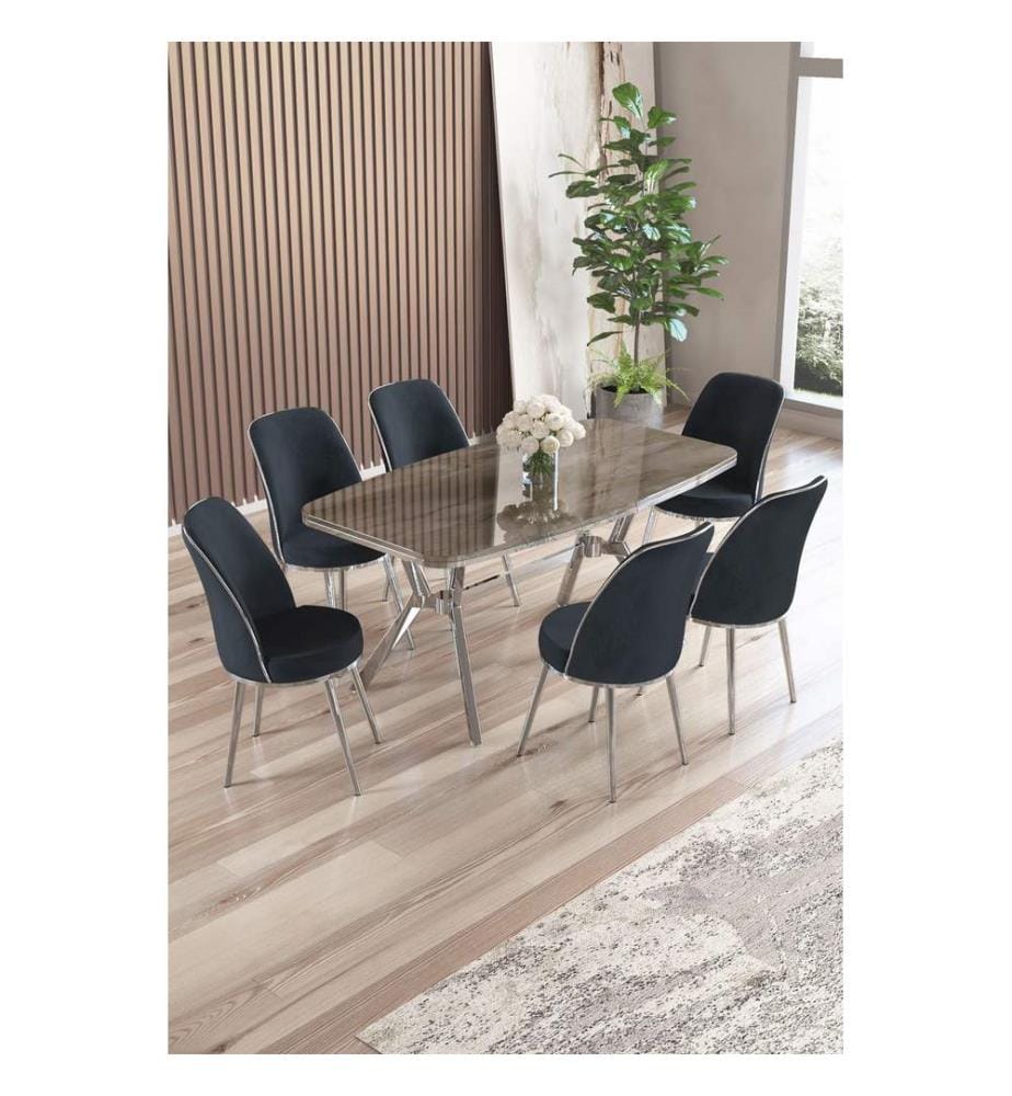 Ensemble table et chaises de salle à manger, 7 pièces, panneau 100 % laqué, anthracite, chromé