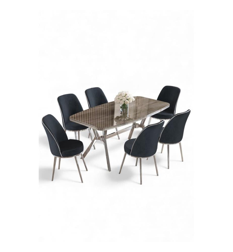 Ensemble table et chaises de salle à manger, 7 pièces, panneau 100 % laqué, anthracite, chromé