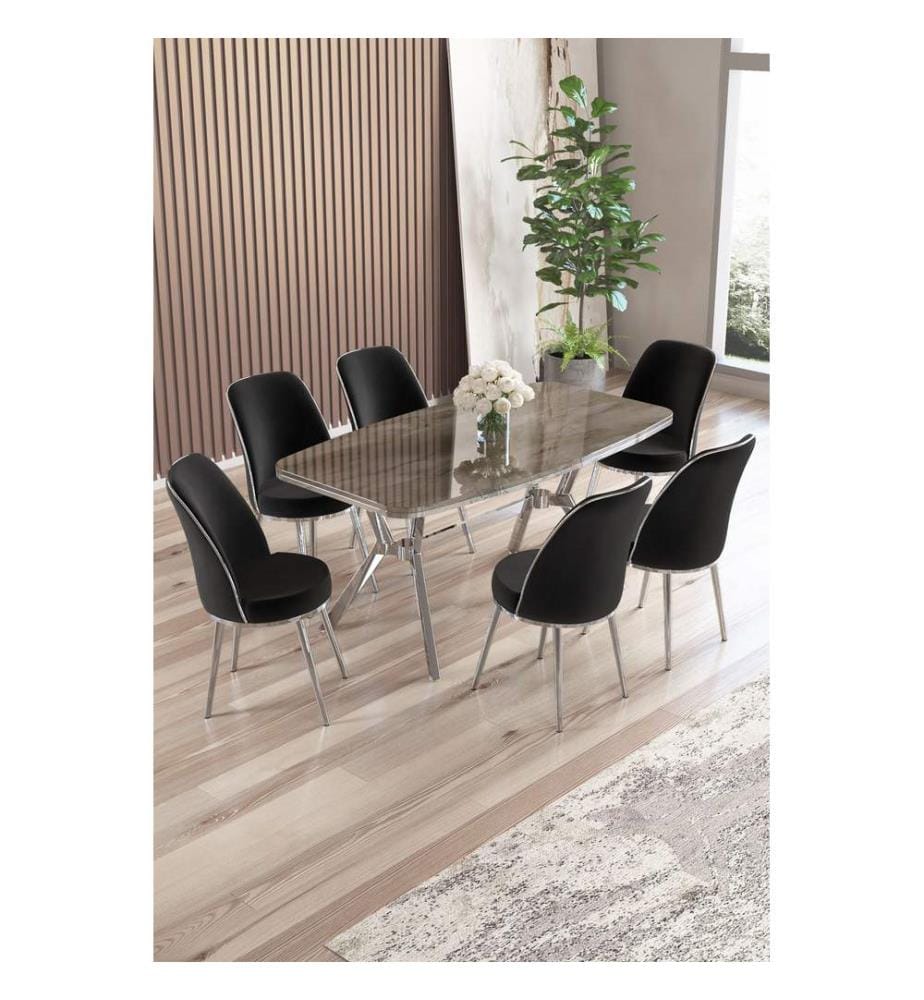 Essgruppe mit Tisch und Stühlen, 7-teilig, 100 % lackierte Oberfläche, Anthrazit, Chrom, Schwarz