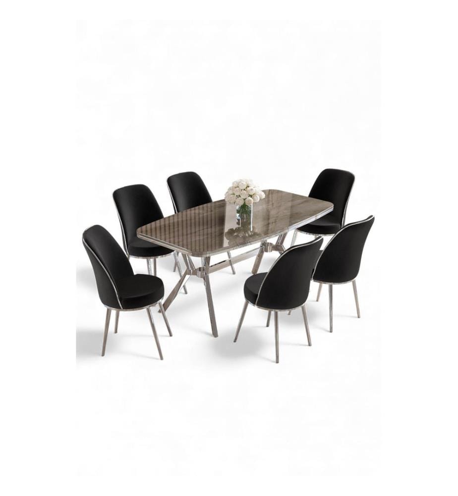 Essgruppe mit Tisch und Stühlen, 7-teilig, 100 % lackierte Oberfläche, Anthrazit, Chrom, Schwarz
