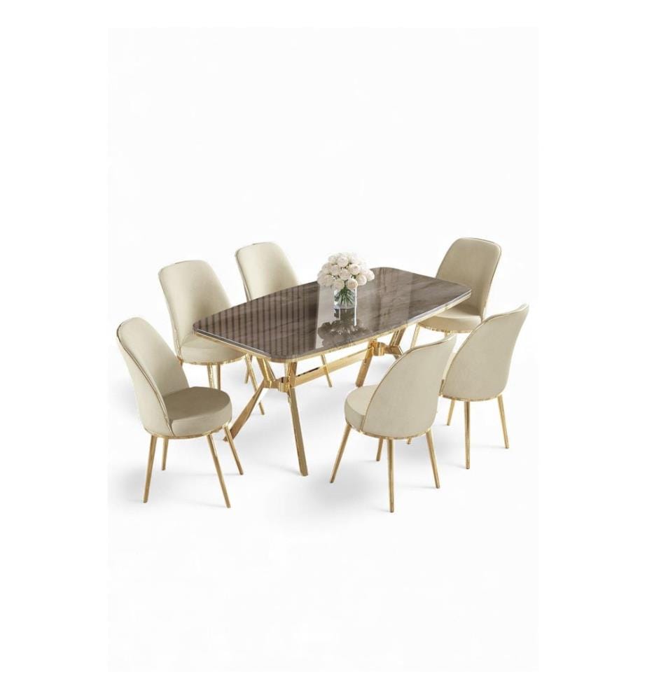 Ensemble table et chaises de salle à manger, 7 pièces, panneau 100 % laqué, anthracite, or, crème