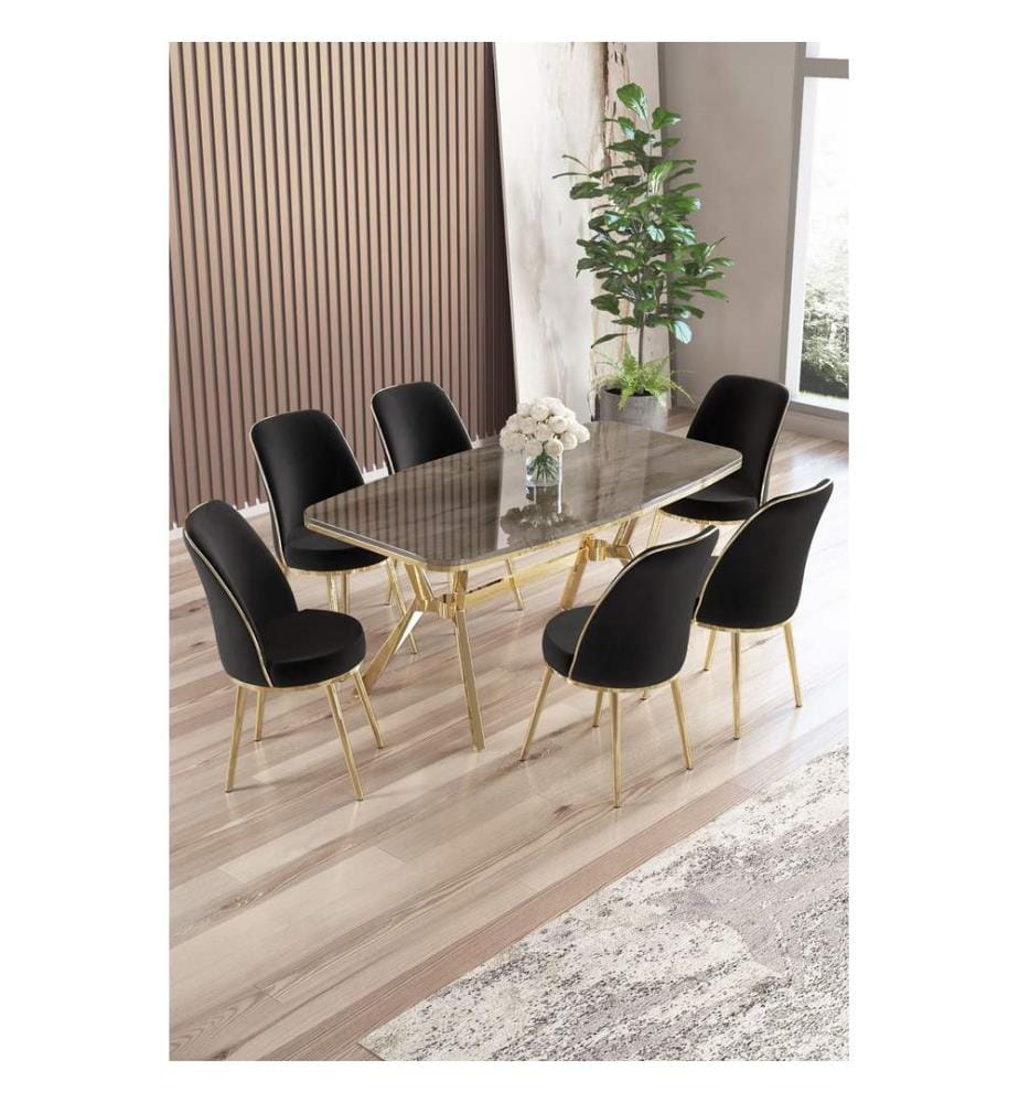 Essgruppe mit Tisch und Stühlen, 7-teilig, 100 % lackierte Paneele, Anthrazit, Gold, Schwarz