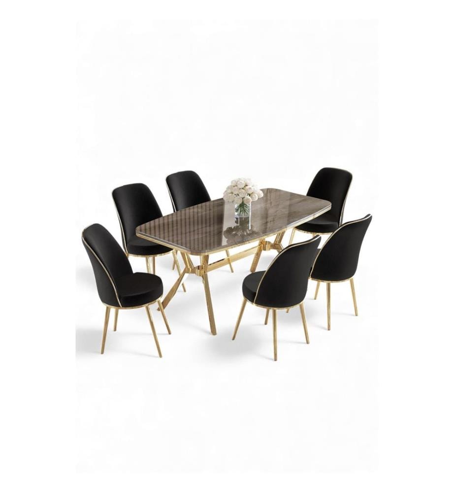 Essgruppe mit Tisch und Stühlen, 7-teilig, 100 % lackierte Paneele, Anthrazit, Gold, Schwarz