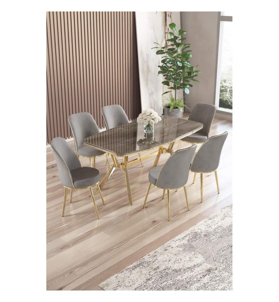 Ensemble table et chaises de salle à manger, 7 pièces, panneau 100 % laqué, anthracite, or, gris